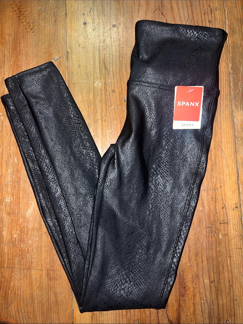 SPANX Black Faux-Leather Snake-Print Leggings NWT Sz M